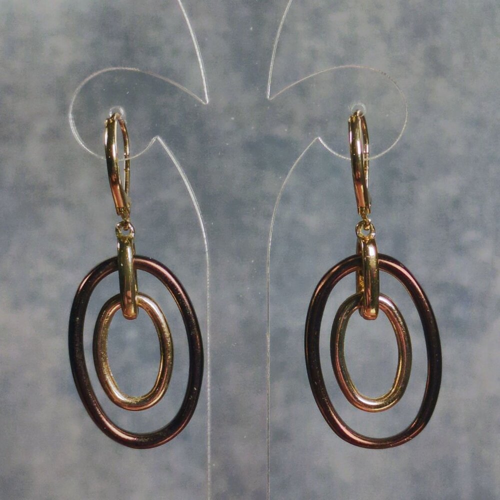 Gold & Bronze Oval Drop Fashion Earrings With Leverback Closure
